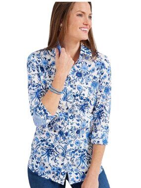 Talbots Womens 3X Cotton Button Front Shirt Blue Floral 3/4 Sleeves Plus Sleeve